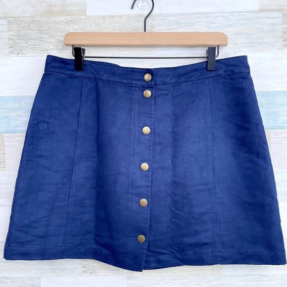 Old Navy Faux Suede Snap Button Front Skirt Blue High Waist A Line Womens 14 - Picture 2 of 5